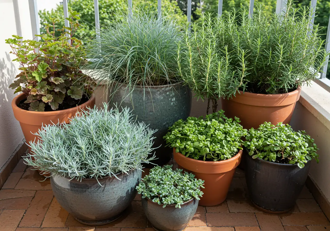 A beautiful, thriving arrangement of wind-resistant plants in sturdy containers on a balcony. Showcase a mix of textures and forms, such as low-growing Sedum, needle-like Rosemary, fine-textured Blue Fescue grass, and sturdy Heuchera, all looking healthy despite the implied windy environment (no visible wind, just healthy plants known to be resistant).
