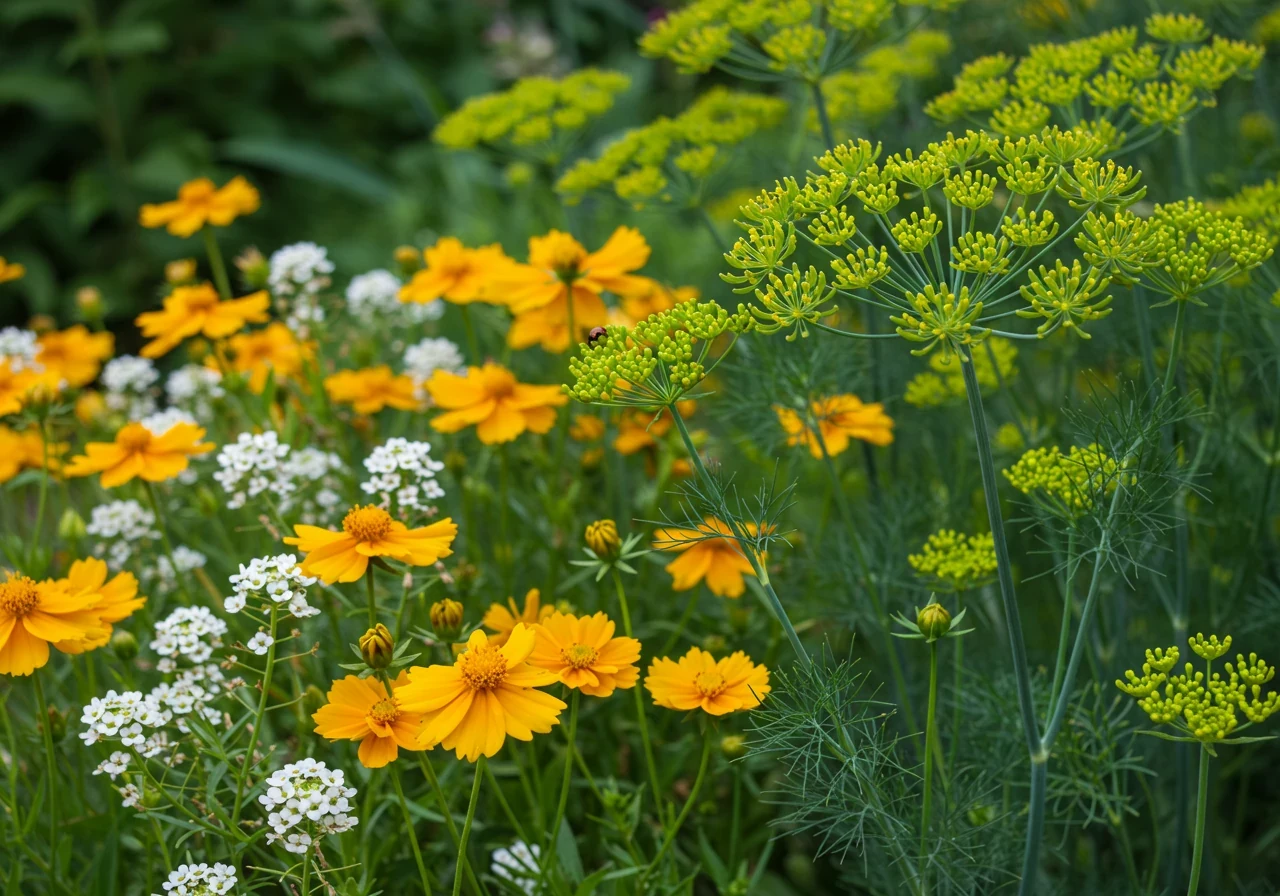 A visually appealing garden scene showcasing a mix of plants known to attract ladybugs. Feature clusters of flowering dill with its feathery foliage and umbrella-like flower heads, alongside cheerful yellow Coreopsis flowers and delicate white Sweet Alyssum blooms. The composition should suggest biodiversity and a welcoming habitat, bathed in soft, natural sunlight. A single ladybug could be subtly visible on a petal or leaf.