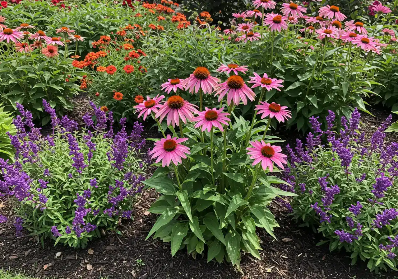 A complementary image to the overcrowded one, showing the benefits of good spacing. Focus on healthy, vibrant perennials (e.g., coneflowers, salvia) in a well-mulched garden bed with clear separation between each plant, allowing sunlight to reach the base and suggesting good airflow.