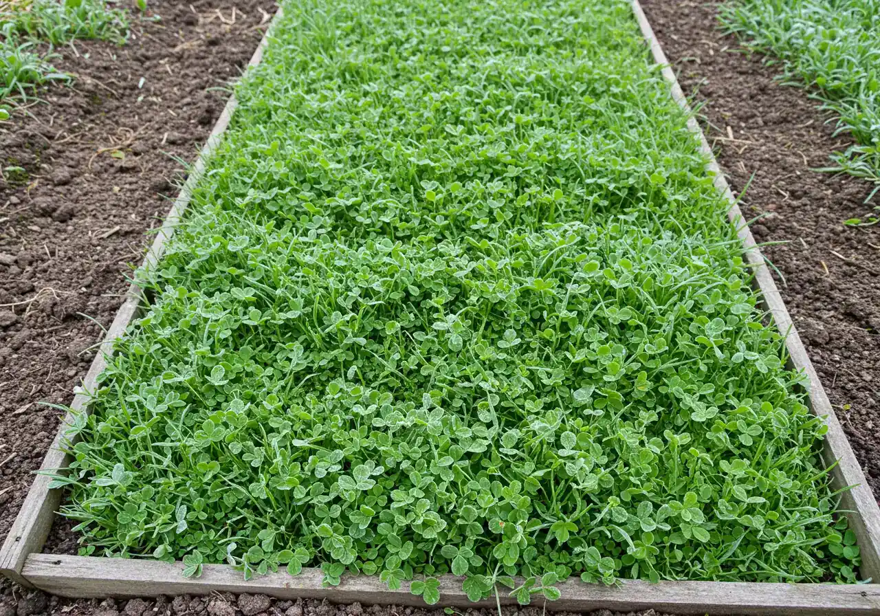 An illustrative image showing a garden bed blanketed with a lush, green winter cover crop, perhaps lightly dusted with frost or surrounded by dormant plants/bare ground. This visual represents the 'living blanket' concept and contrasts the protective cover with potentially bare, exposed soil.