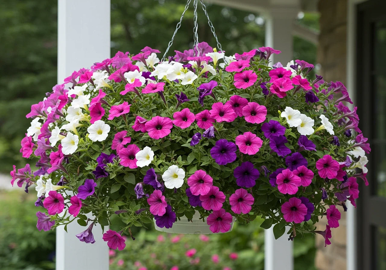 A visually appealing photograph showcasing one of the 'Annual All-Stars' mentioned. Focus on a lush, overflowing hanging basket or container brimming with vibrant, multi-colored Petunias in peak bloom. The image should convey abundance and health, highlighting how well these plants respond to care like deadheading.