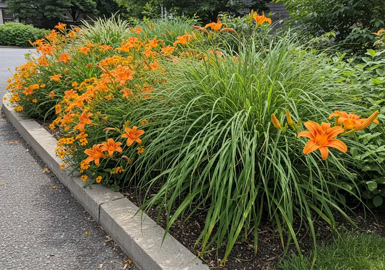 A vibrant, healthy roadside garden bed thriving next to a sidewalk or curb. The image should feature examples of salt-tolerant plants mentioned, such as blooming Daylilies or upright Feather Reed Grass, looking lush and undamaged despite their proximity to the road.