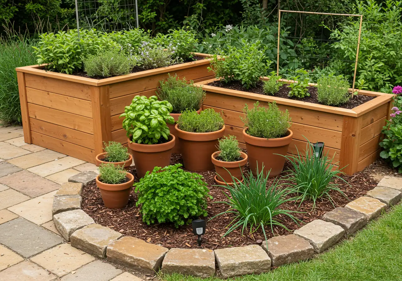 A composite image or single scene showcasing the three main garden styles discussed: a well-built wooden raised bed overflowing with herbs, several attractive terracotta pots containing different herbs on a patio, and a small, neat in-ground herb patch defined by stones and mulch.