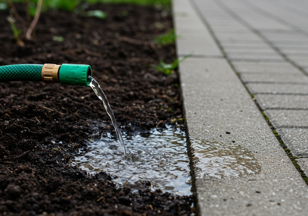 An image depicting the 'Spring Detox' soil flushing process. Water should be shown gently flowing from the end of a garden hose onto dark, damp soil near a pavement edge, visually representing the action of washing away salt residue.