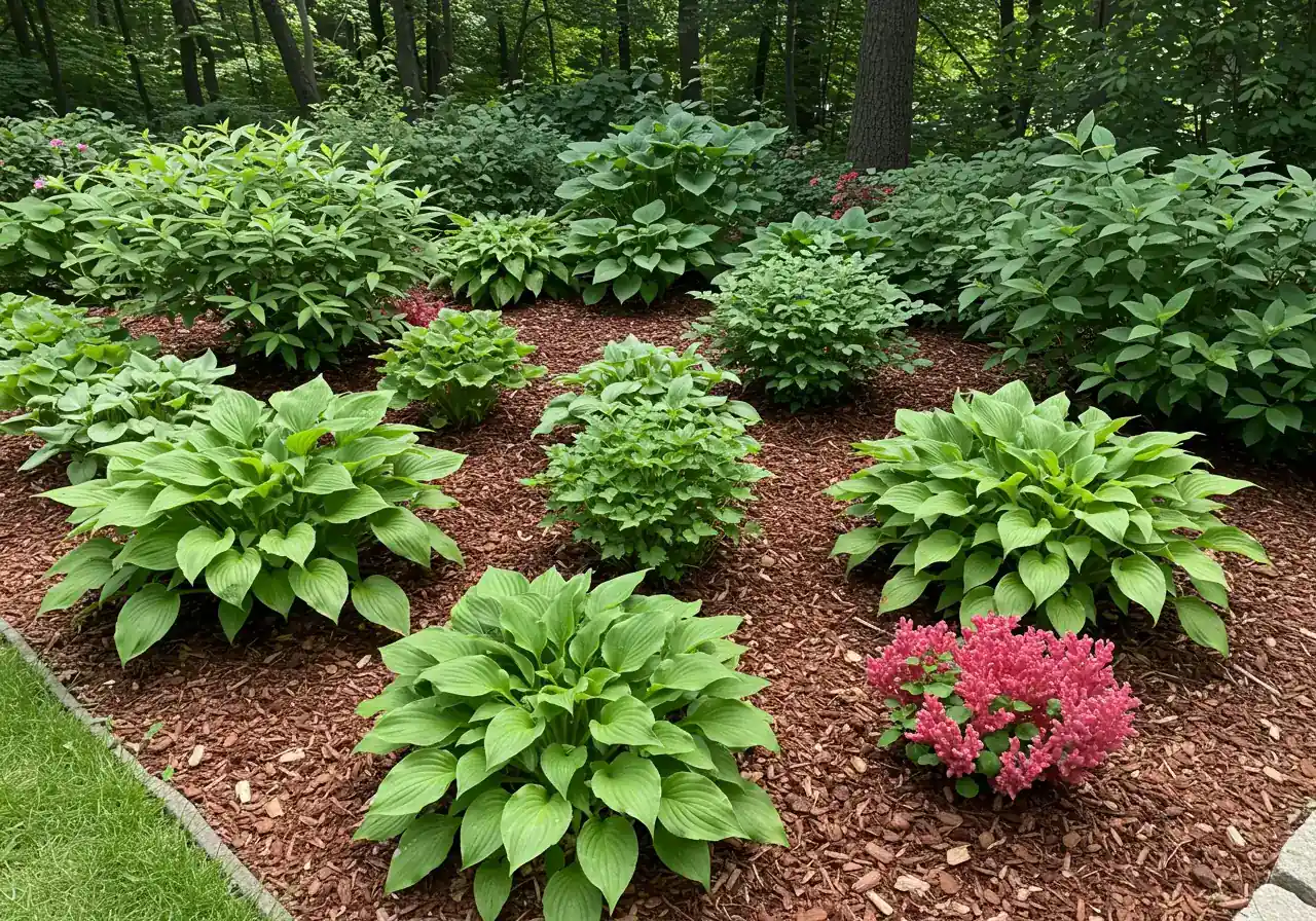 A photograph illustrating good plant spacing for air circulation. Show a section of a garden bed with healthy perennial plants (like hostas, daylilies, or coral bells) planted with visible space between each plant clump, allowing air to move freely. The plants should look healthy and vigorous.