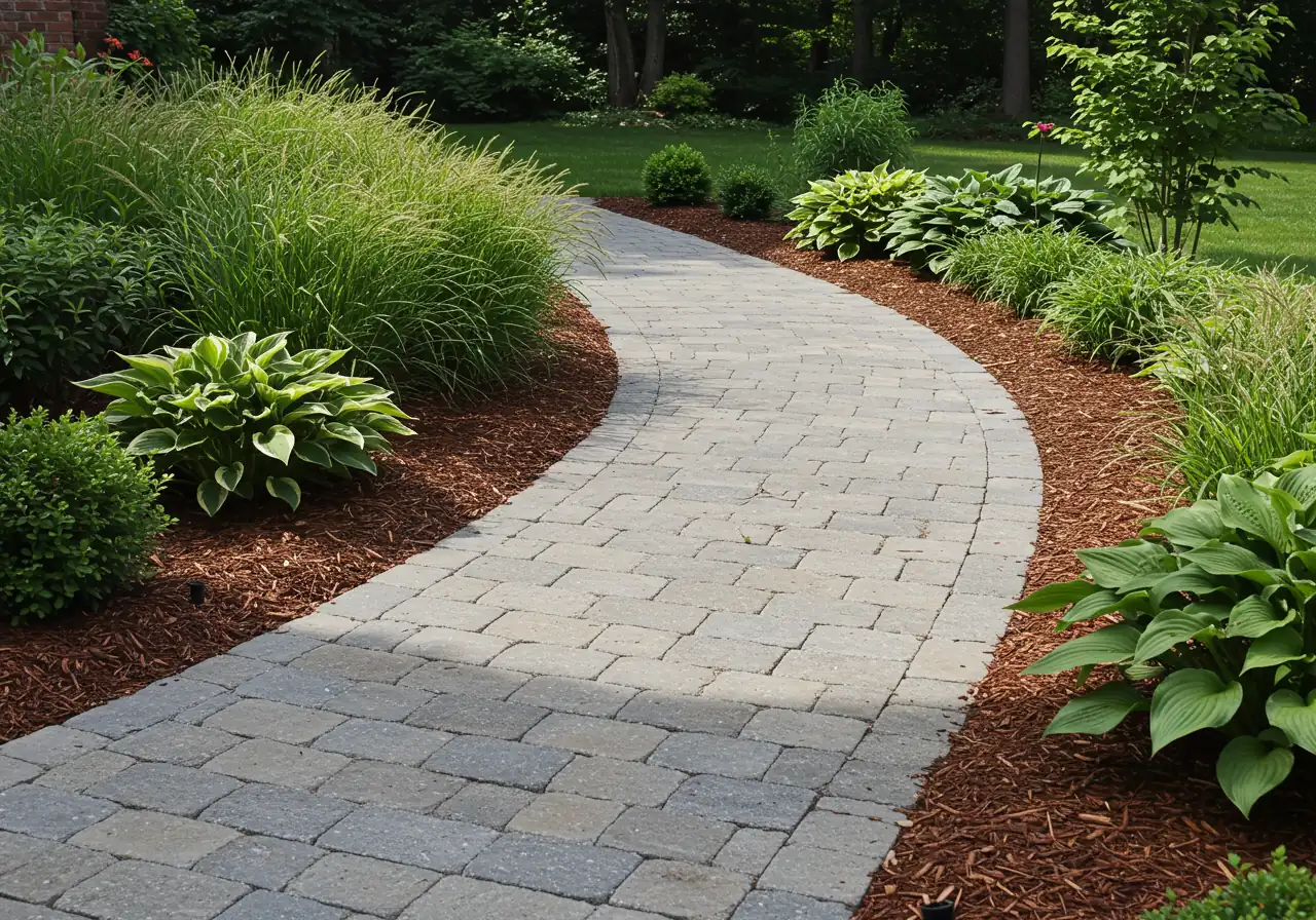 A welcoming view of a well-designed garden walkway made of interlock pavers or flagstone. The path is clearly wide enough (approx. 4 feet). Bordering plants like ornamental grasses and flowering perennials are neatly set back from the path edge by about 1 foot, with a visible layer of dark mulch defining the border. No plants are spilling onto the walkway.