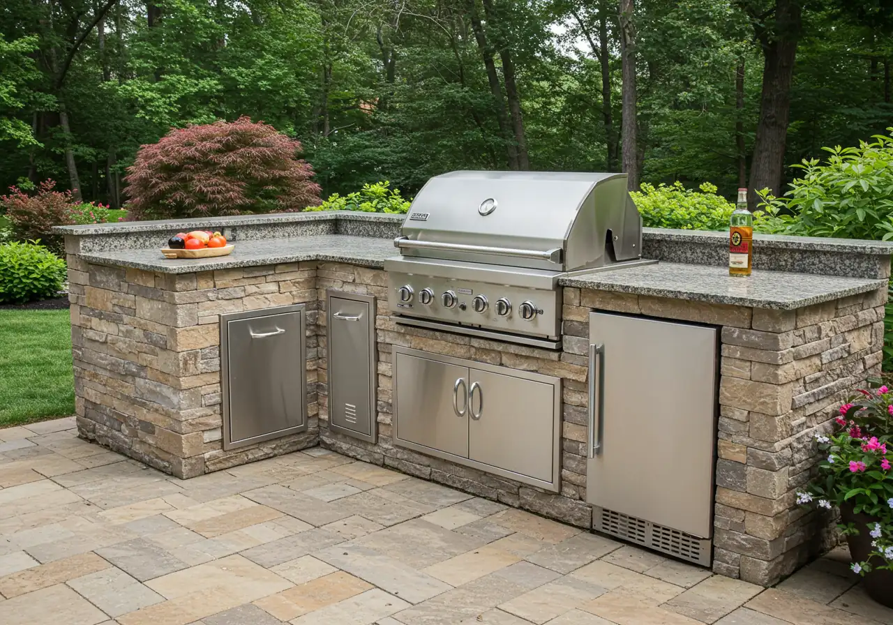 A medium shot of a well-integrated outdoor kitchen setup built into a stone patio, demonstrating functionality beyond a standalone BBQ. Features include a closed stainless steel grill, durable granite countertop space for preparation, a closed under-counter outdoor-rated refrigerator, and built-in storage drawers. The kitchen is surrounded by neat, lush green landscaping (shrubs and grass), highlighting seamless integration. The image is taken during the daytime with clear, natural light.
