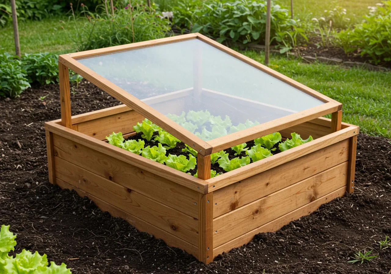 An illustrative example of a common frost protection structure discussed: a wooden cold frame with a clear lid, placed over young plants in a garden bed.