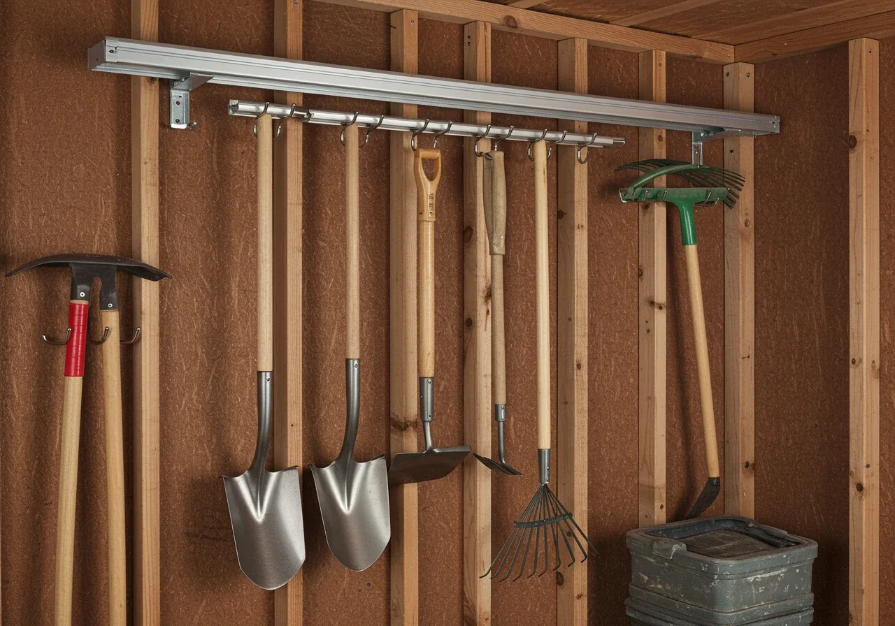 A clean, well-organized section of a garage or shed wall showcasing an effective vertical storage solution, specifically a track system. Several long-handled garden tools (e.g., shovel, rake, hoe) are neatly hanging vertically from specialized hooks attached to the mounted track. The background wall could be painted drywall or clean wood paneling, emphasizing order and efficient use of space.
