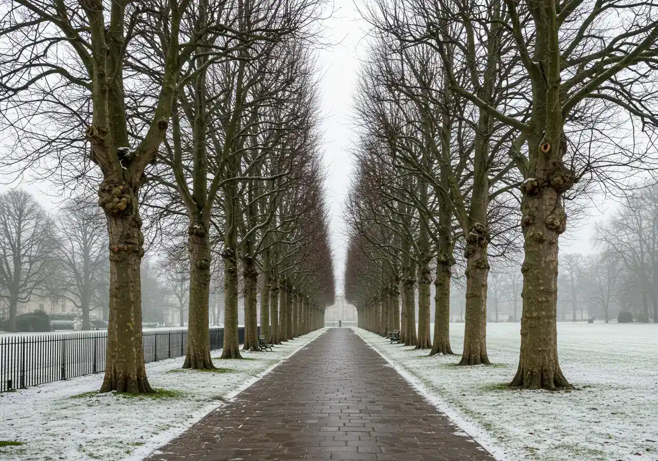 A landscape photograph showcasing the unique architectural aesthetic of dormant pollarded trees in winter. A row of pollarded trees (e.g., London Plane) with distinct 'knuckles' lining a path or property boundary, highlighting their structural form against a winter sky.