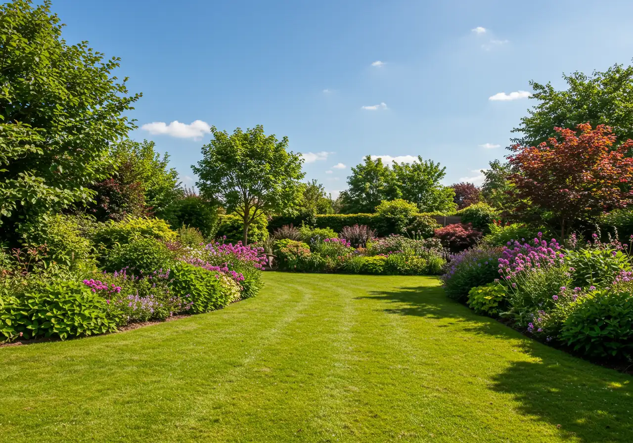 An aspirational, high-quality photograph showcasing the desired result of a professional plant healthcare program. Features a beautiful, thriving residential garden landscape in peak summer condition, displaying a variety of healthy, vibrant shrubs, blooming perennials, and perhaps a well-maintained small ornamental tree under a clear sunny sky.