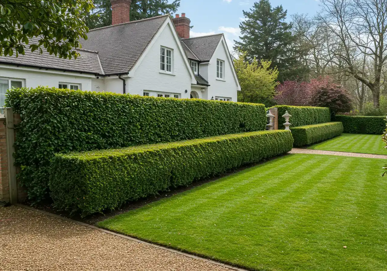 An aspirational wide shot capturing a beautifully maintained property featuring a prominent, sharply defined formal hedge as a key landscape element. The hedge should frame the view or border a walkway/lawn, enhancing the overall curb appeal and demonstrating the elegant impact of professional hedge care.