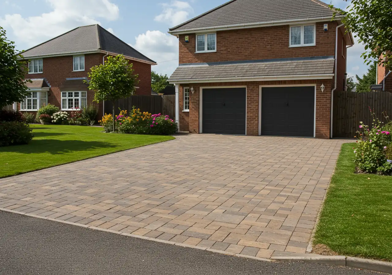 An aesthetically pleasing photograph showcasing a completed permeable paver project, like a driveway or patio. The image should highlight the design possibilities (e.g., attractive pattern, color, texture) and how well it integrates with the surrounding landscaping (lawn, garden beds), demonstrating enhanced curb appeal.