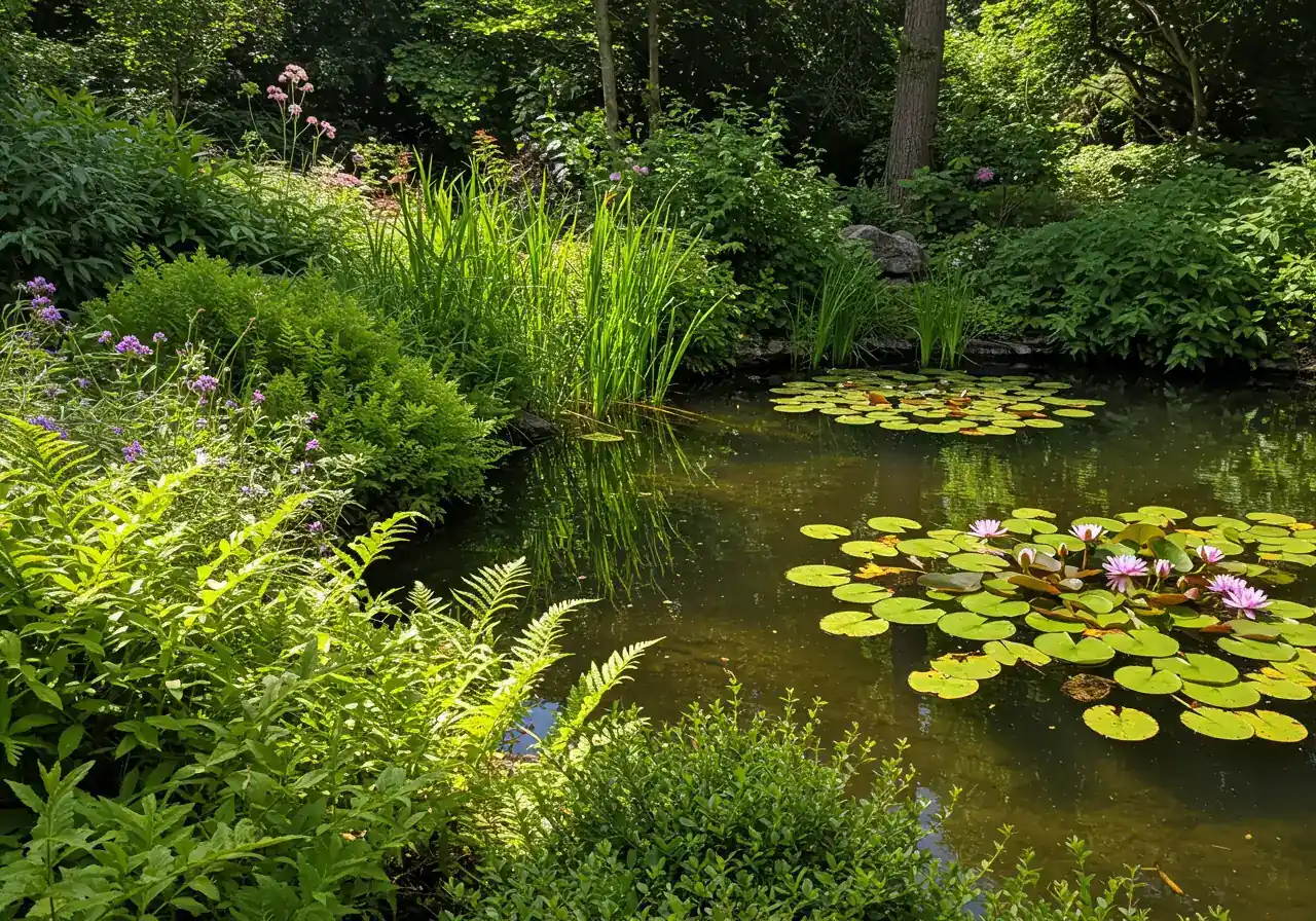 A photograph illustrating different light conditions on a single pond. One area shows water lilies basking in full, bright sunlight, while another nearby section shows marginal plants like irises or ferns thriving in dappled shade near the pond edge, demonstrating the importance of assessing sun exposure.