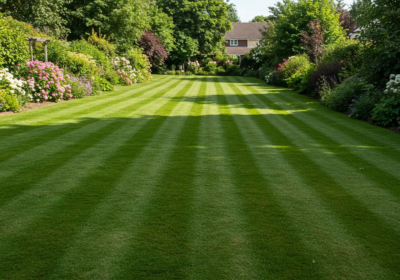 An aspirational image showcasing the positive outcome of applying the article's advice. This would be a picture of a beautiful, uniformly lush, healthy green lawn, perhaps bordered by thriving garden beds, representing the 'tamed turf' and successful result of smart watering practices.