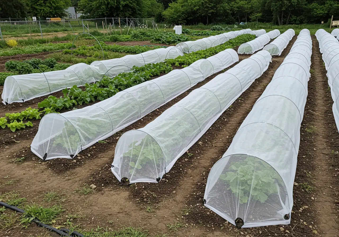 A clear image showcasing white, lightweight floating row cover fabric stretched over wire hoops, creating protective tunnels over rows of small vegetable plants in a garden bed. The edges of the fabric should be visibly secured to the dark soil, illustrating this specific frost protection method.