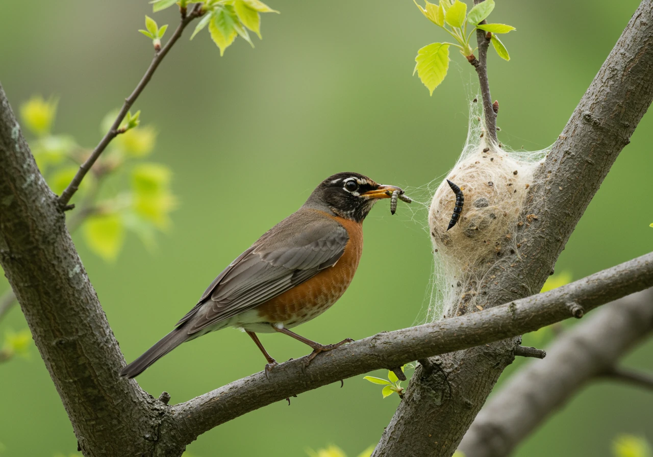 A photograph capturing a common native songbird, such as a Black-capped Chickadee or American Robin, perched on a tree branch near (but not obscured by) an Eastern Tent Caterpillar tent. The bird could be observing the tent or ideally, holding a caterpillar in its beak, illustrating natural predation as a form of biological control.