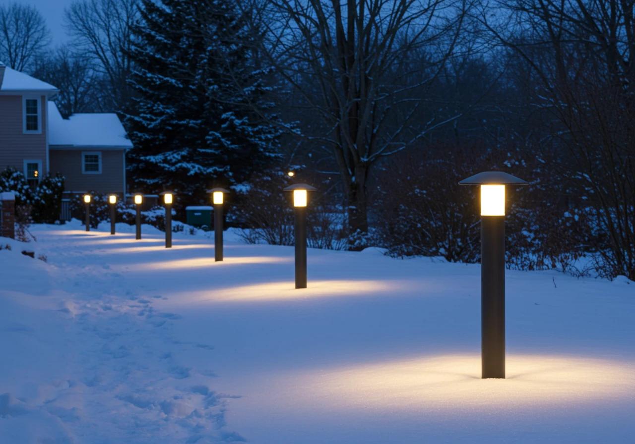 A winter scene at dusk depicting a residential walkway covered in a layer of snow. Several sturdy, dark metal bollard-style path lights, approximately 2-3 feet tall, are positioned along the walkway's edge. The tops of the bollards are clearly visible above the snowdrift, casting functional pools of warm light downwards and outwards, effectively defining the path's edges despite the snow cover. This illustrates the benefit of taller fixtures in snowy climates like Ottawa's.