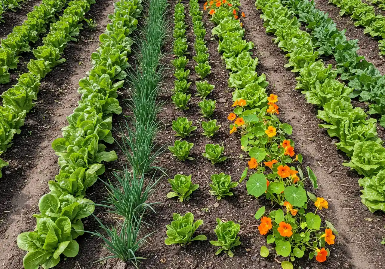 An angled overhead view of a small section of a well-planned vegetable garden demonstrating interplanting. Show neat rows or groupings of different plants mixed together, for example, lettuce growing alongside taller onions or chives, perhaps with a few colourful nasturtium flowers tucked in. The variety and proximity should be clear, suggesting intentional design.