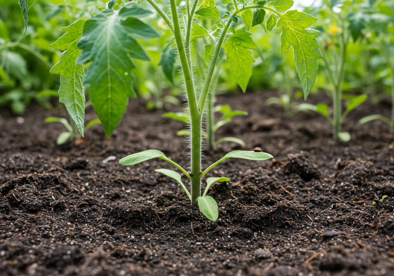 A photograph focusing on the base of properly spaced, healthy vegetable plants (like tomatoes or peppers) in a garden. The soil around the base is visibly moist from targeted watering, but the leaves are dry. Perhaps a small beneficial insect like a ladybug is visible on a leaf, subtly hinting at reduced pesticide need.