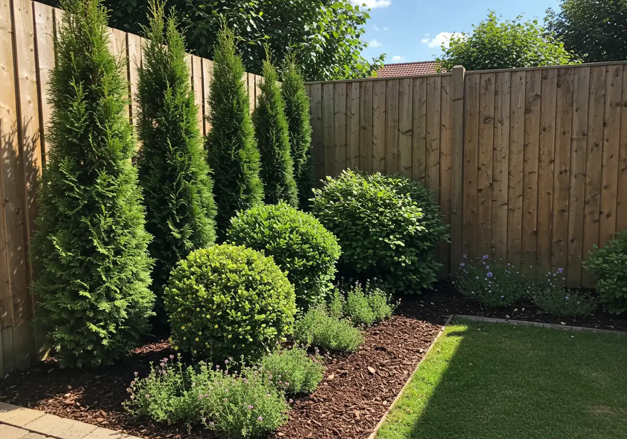 A visually appealing example of the 'layering' technique in a narrow garden bed. The image should clearly show taller, narrow shrubs at the back near a fence or wall, mid-sized rounded shrubs in the middle, and low-growing plants or groundcover at the front edge, creating visible depth and structure in a compact space. Focus on healthy plants and good composition.