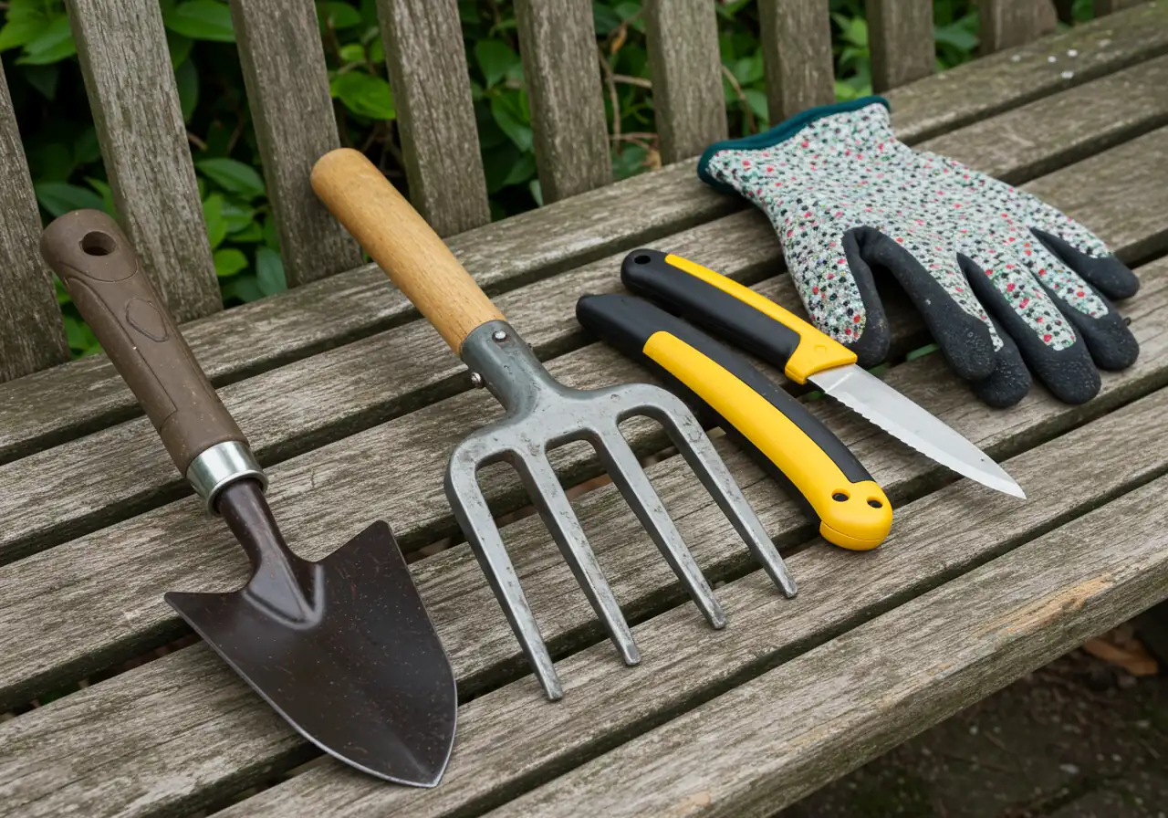 A collection of essential tools for dividing perennials laid out neatly, ready for use. This image corresponds directly to Step 1 (Prep Time) and helps readers visualize the necessary equipment.