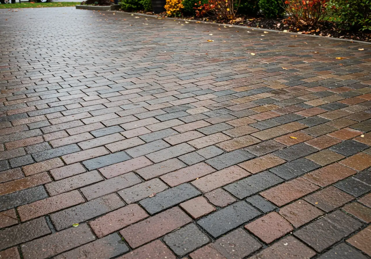 Highlighting the importance of hardscape care. Show a clean stone patio or interlocking brick walkway after fall cleanup, free of leaves and debris, perhaps slightly damp, demonstrating readiness for winter and preventing damage.