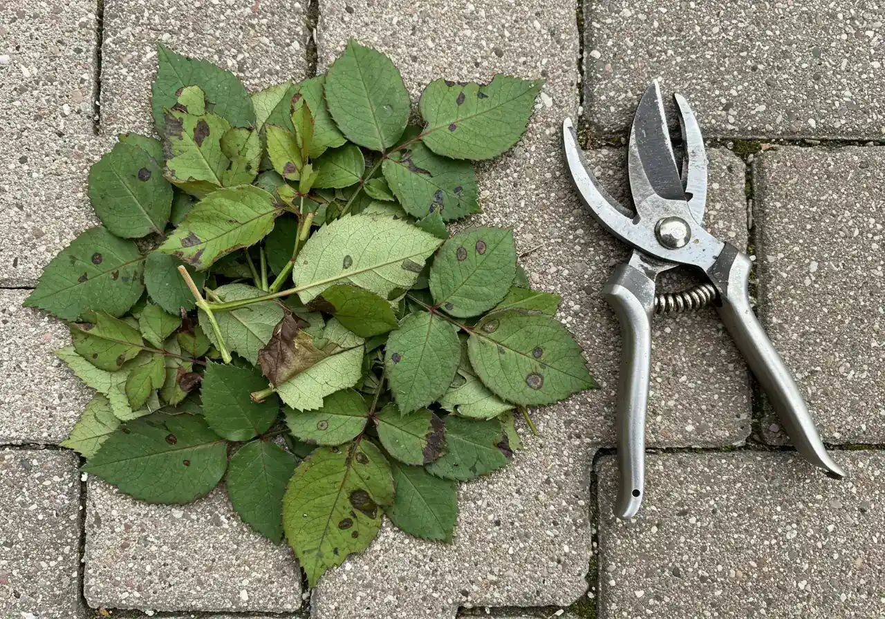 A visually clean image showing pruned, diseased rose leaves exhibiting distinct black spot symptoms, carefully placed in a pile separate from healthy plants, perhaps next to clean pruning shears on a stone patio or pathway. This illustrates the 'damage control' step of removing infected material.