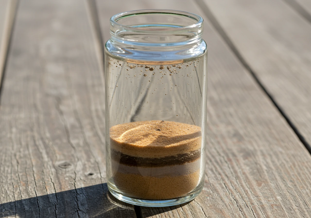 A clear glass jar containing soil and water, demonstrating the jar test for soil type. Distinct layers should be visible: coarser sand/silt settled at the bottom, and very fine clay particles suspended in cloudy water above, indicating heavy clay content. The jar sits on a rustic wooden surface in natural daylight.