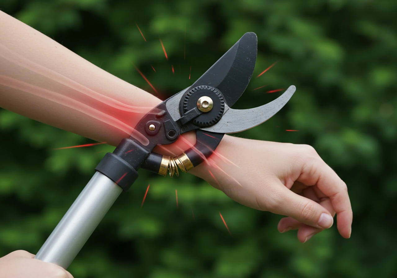 A visually clear illustration showing the repetitive motion stress points on garden tool use. Focus on a stylized diagram or close-up photographic detail of a lopper handle being gripped (without showing the hand itself, maybe just the imprint or shape suggesting pressure points) next to an abstract representation of stressed tendons or joints, perhaps using color overlays or lines to indicate strain radiating from the tool interaction point towards wrist and elbow areas. The background should be neutral or softly blurred garden elements.