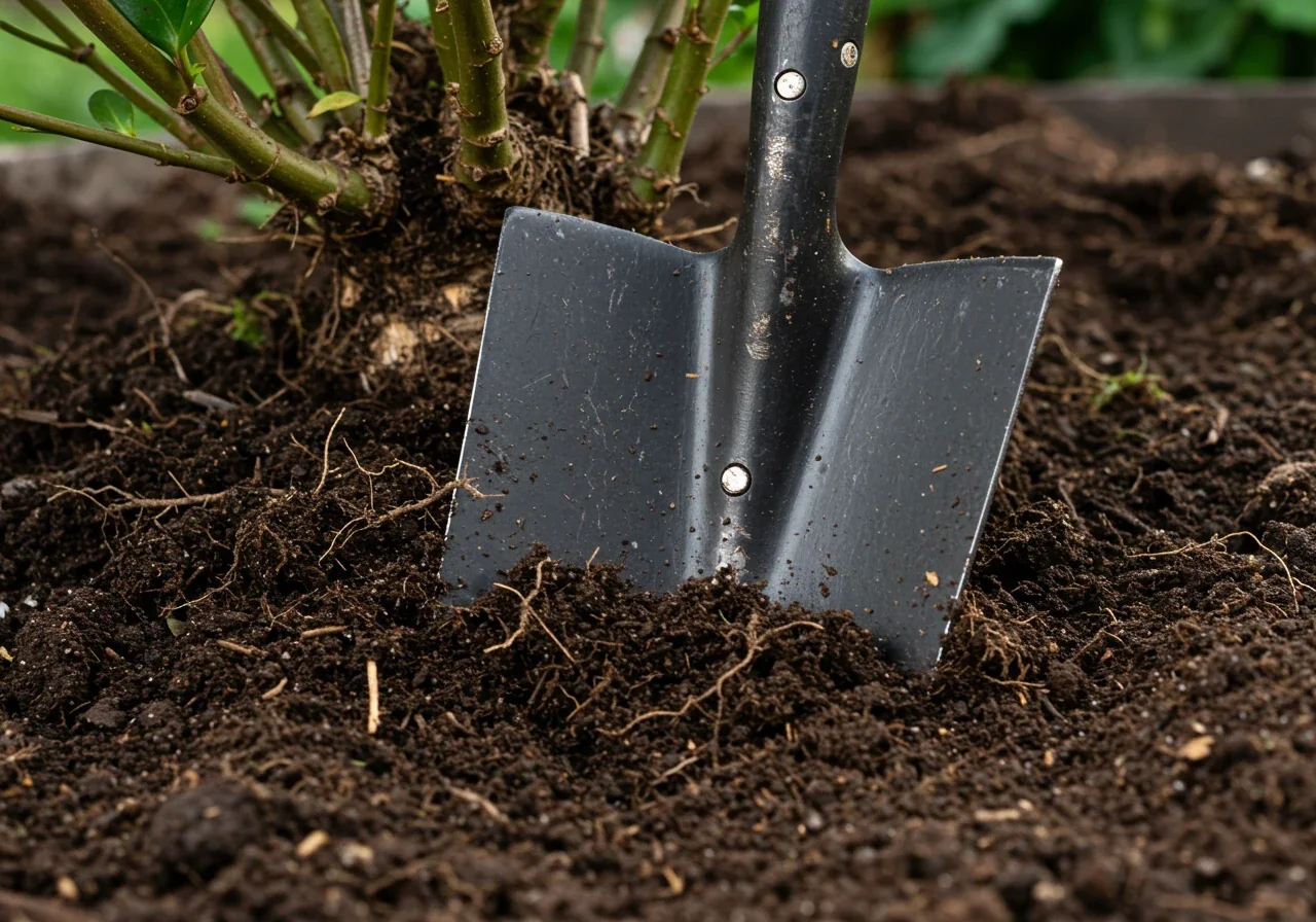 Illustrative image showing a clean, vertical cut being made in the soil around a shrub's base with a sharp spade, severing small roots. Focus is on the tool in action within the soil profile, near the base of the shrub (shrub base slightly out of focus).
