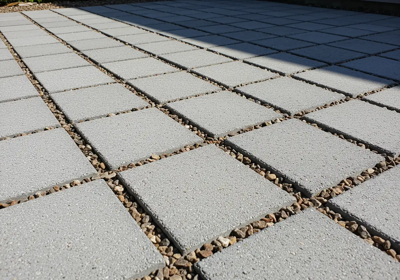 A photograph showcasing a section of a modern patio or walkway constructed with light-coloured permeable pavers. The image should highlight the texture of the pavers and the gravel-filled gaps between them, visually suggesting their ability to allow water infiltration and stay cooler than traditional dark pavement.