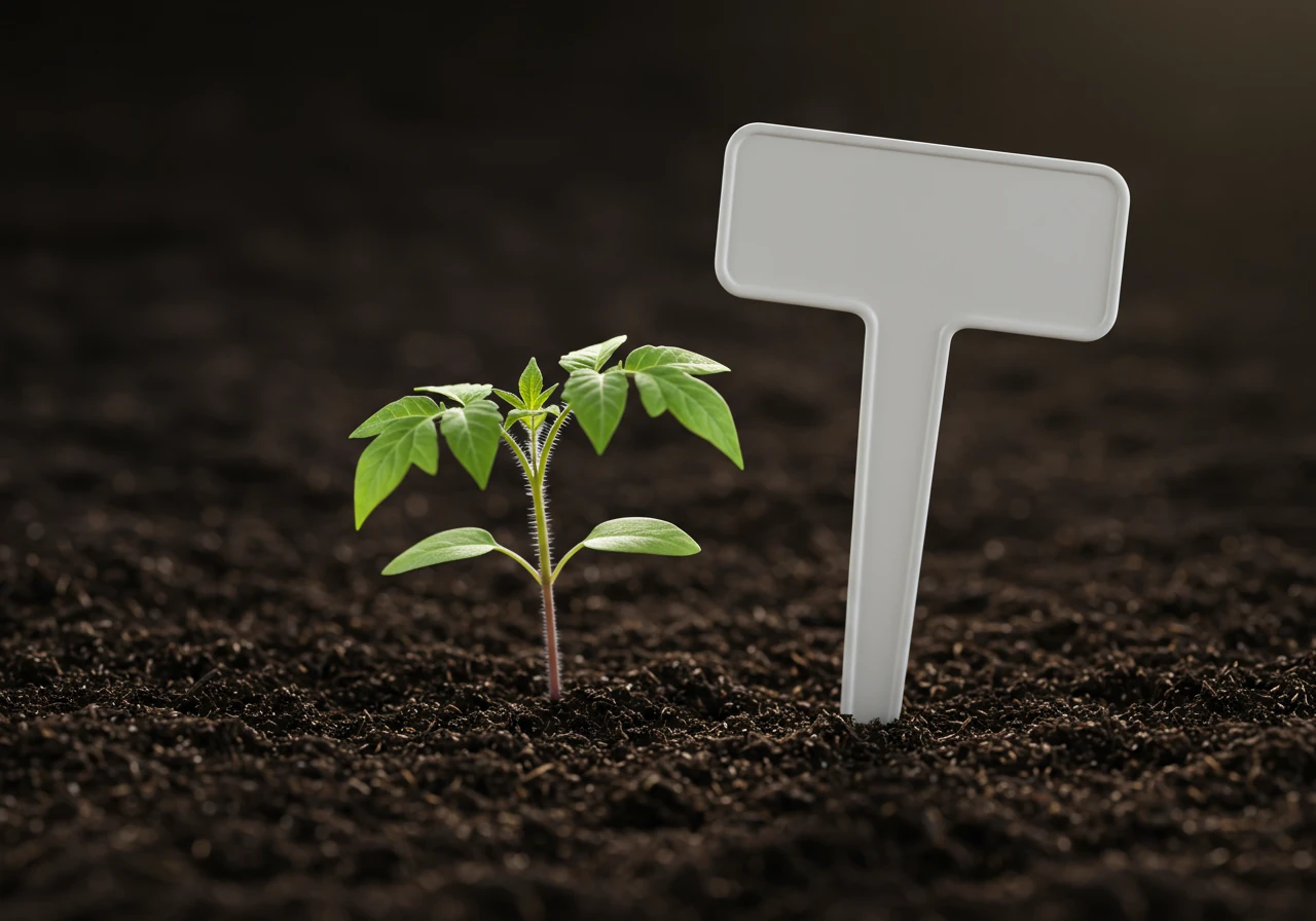 An image showing a close-up of a white plastic plant tag stuck in dark, moist soil next to the base of a small, healthy tomato plant seedling. The tag is blank or has simple non-readable markings to avoid actual text. Focus is on the tag and seedling base.