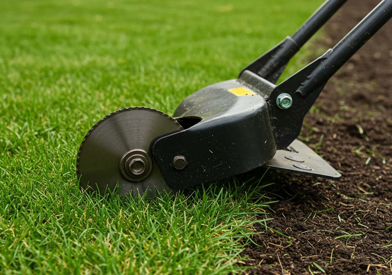 A detailed close-up photograph focusing solely on the business end of a manual ergonomic half-moon edger, highlighting the sturdy step plate and the sharp steel blade resting lightly on the edge of a lawn, showing a hint of dark soil.