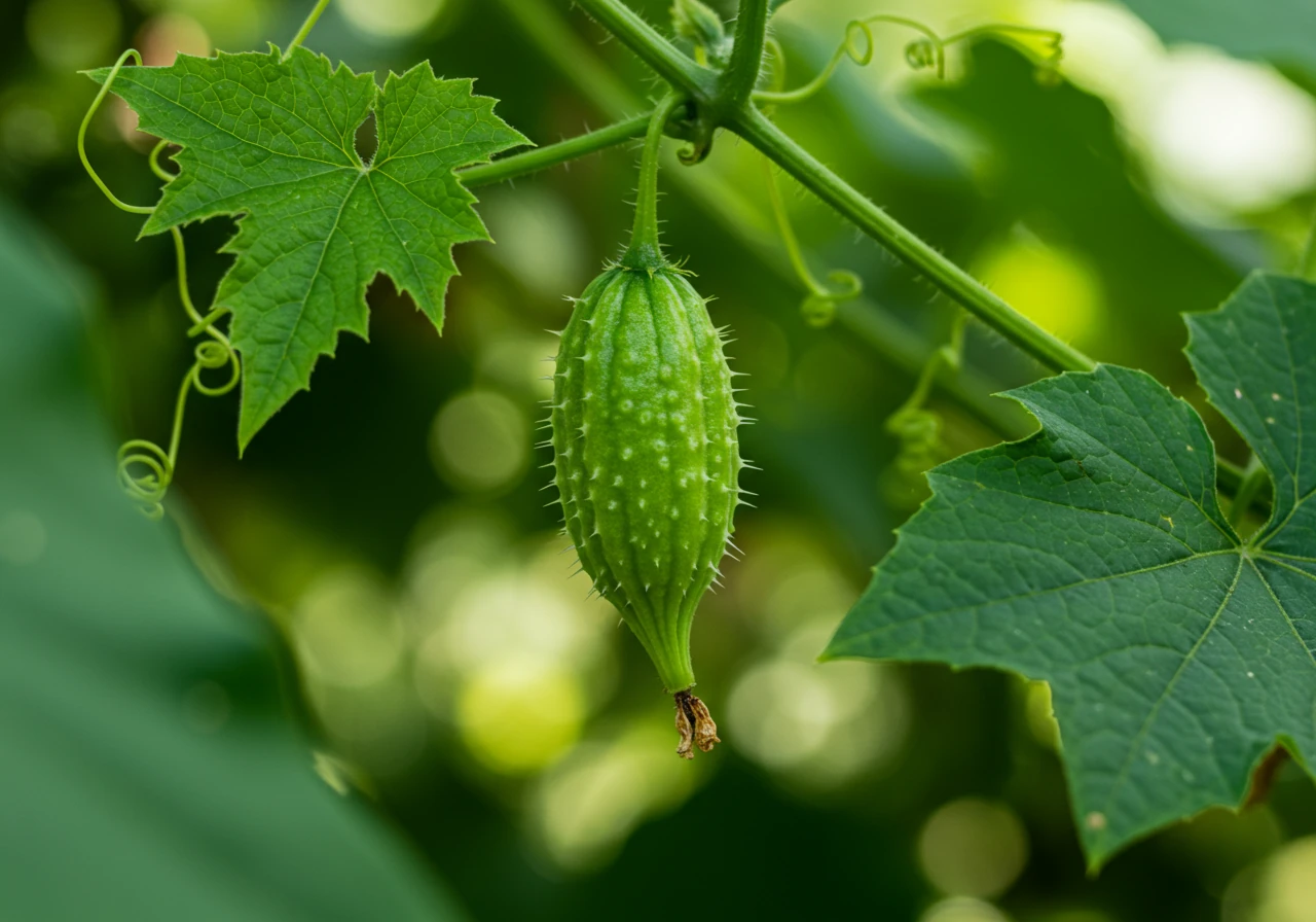 A clear, close-up photograph highlighting the distinctive spiky, green, fleshy fruit (seed pods) of the Wild Cucumber vine hanging amongst its large, lobed leaves. The unique texture and shape of the fruit should be the main focus to aid in identification.