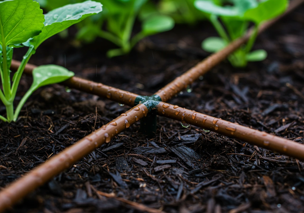 A detailed image of a brown soaker hose laid neatly between healthy perennial plants in a mulched garden bed. Small droplets of water are visibly seeping from the hose directly onto the soil near the plant bases, illustrating efficient root-zone watering.