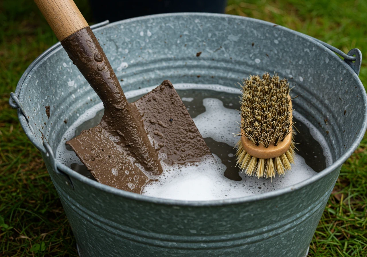 A close-up, detailed image focusing on a muddy garden spade head partially submerged in a galvanized bucket of slightly soapy water. A stiff-bristled cleaning brush rests beside the spade head in the bucket, implying the cleaning process without showing hands. Focus is on the textures of mud, metal, water, and bristles.