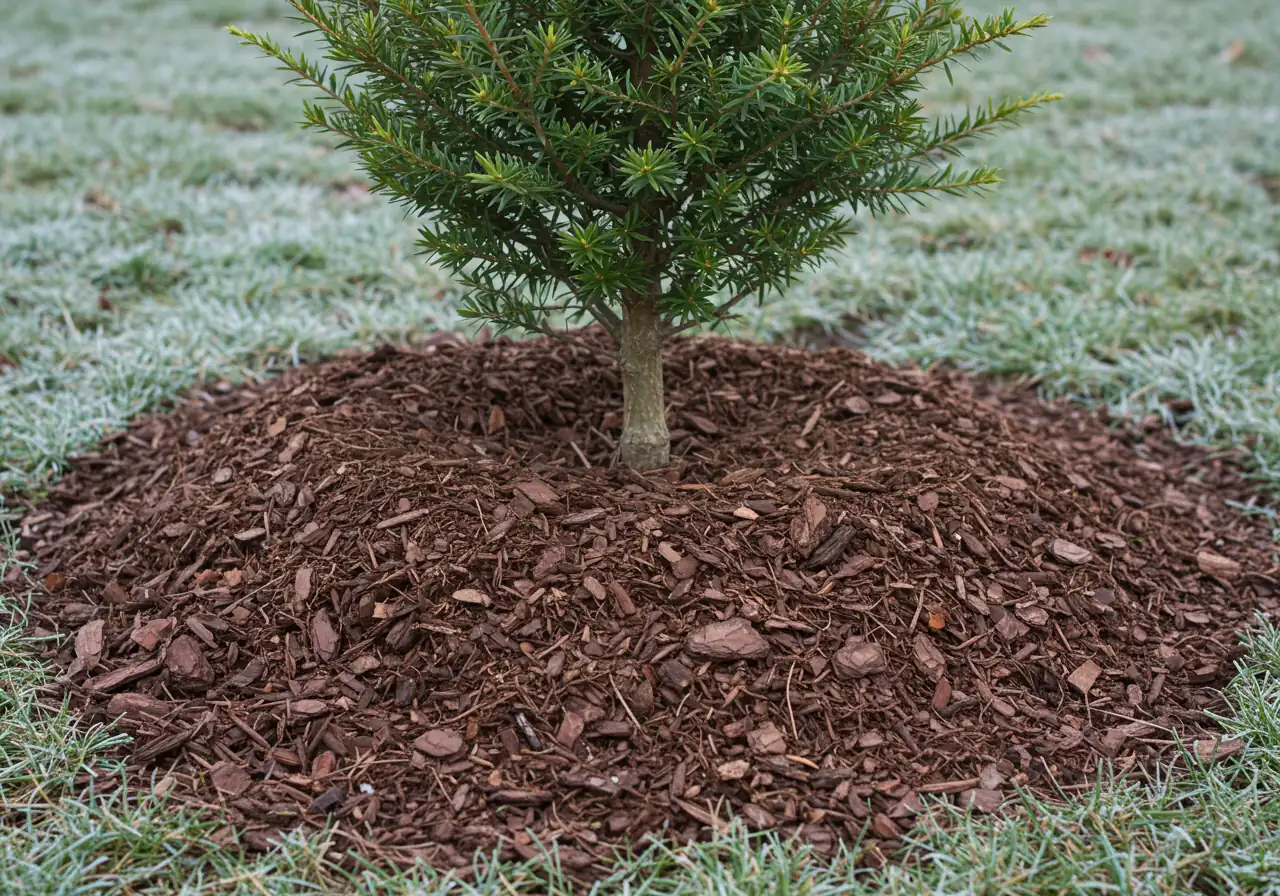 An eye-level close-up view demonstrating the correct mulching technique around the base of a small, newly planted evergreen sapling (like a spruce or pine). Shows a 3-inch layer of dark brown shredded bark mulch forming a 'donut' shape, leaving a clear few-inch gap around the thin trunk. The ground may have a hint of frost or fallen leaves. No 'mulch volcano' visible.