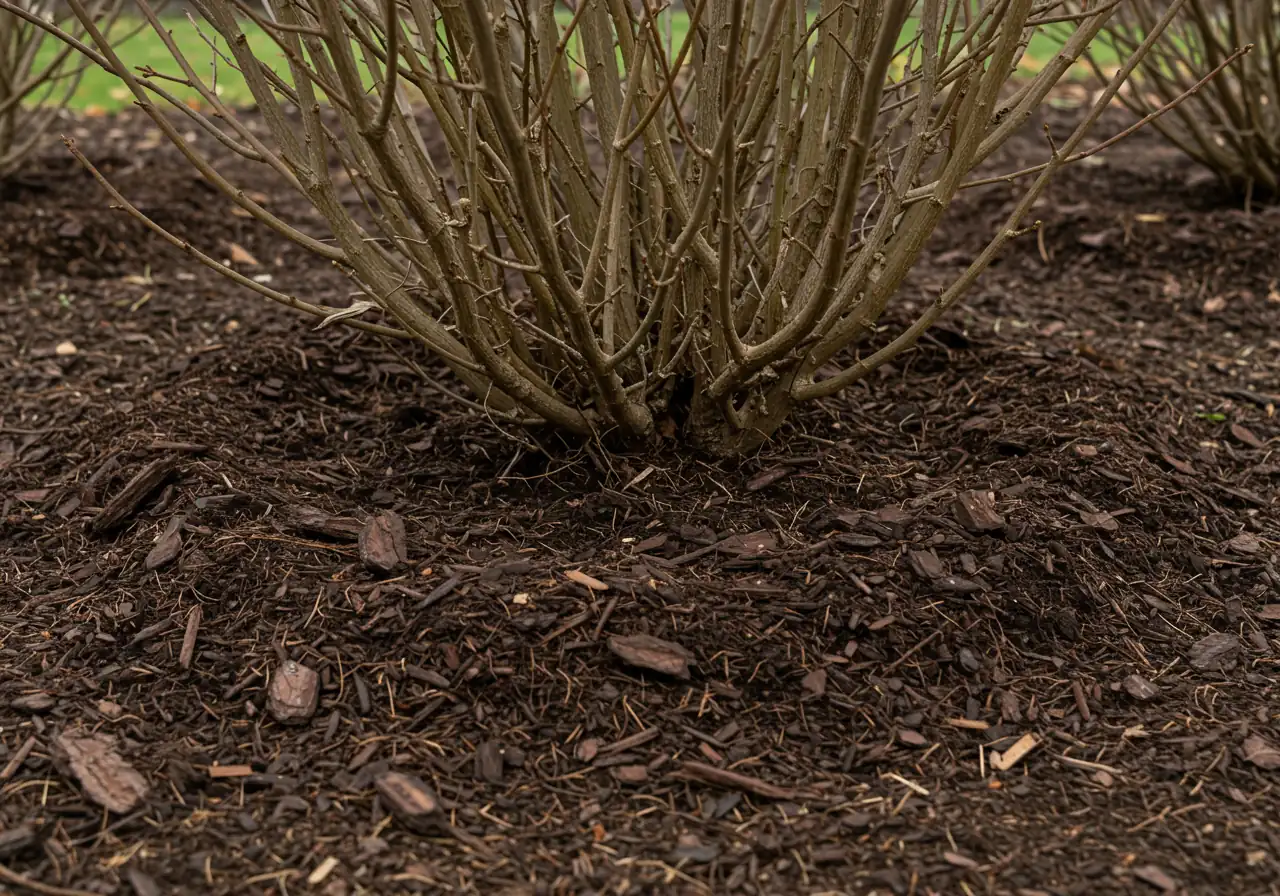 A clear, eye-level shot showing proper fall mulching technique around the base of a shrub or group of perennials. Highlights a thick layer (2-4 inches) of shredded bark or leaf mulch spread evenly, pulled back slightly from the plant stems/crowns.