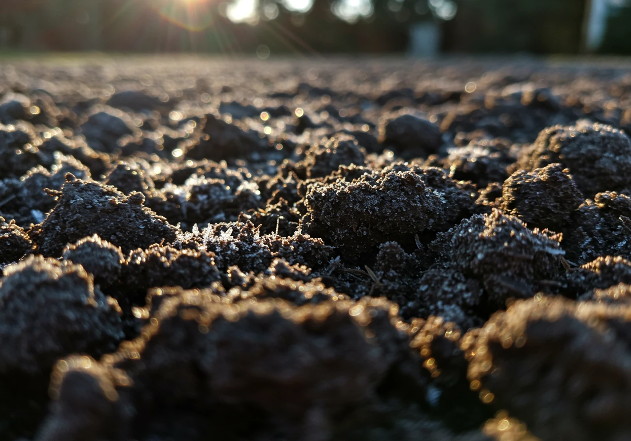 A close-up, ground-level photograph focusing on dark, damp garden soil. Patches of moisture are visible, and perhaps a few tiny, unmelted frost crystals linger in a shaded corner of the frame, contrasting with hints of bright, early spring sunlight hitting parts of the soil surface in the background. The texture of the soil should look cold and heavy, clearly illustrating ground that hasn't fully warmed up despite potentially sunny conditions above.