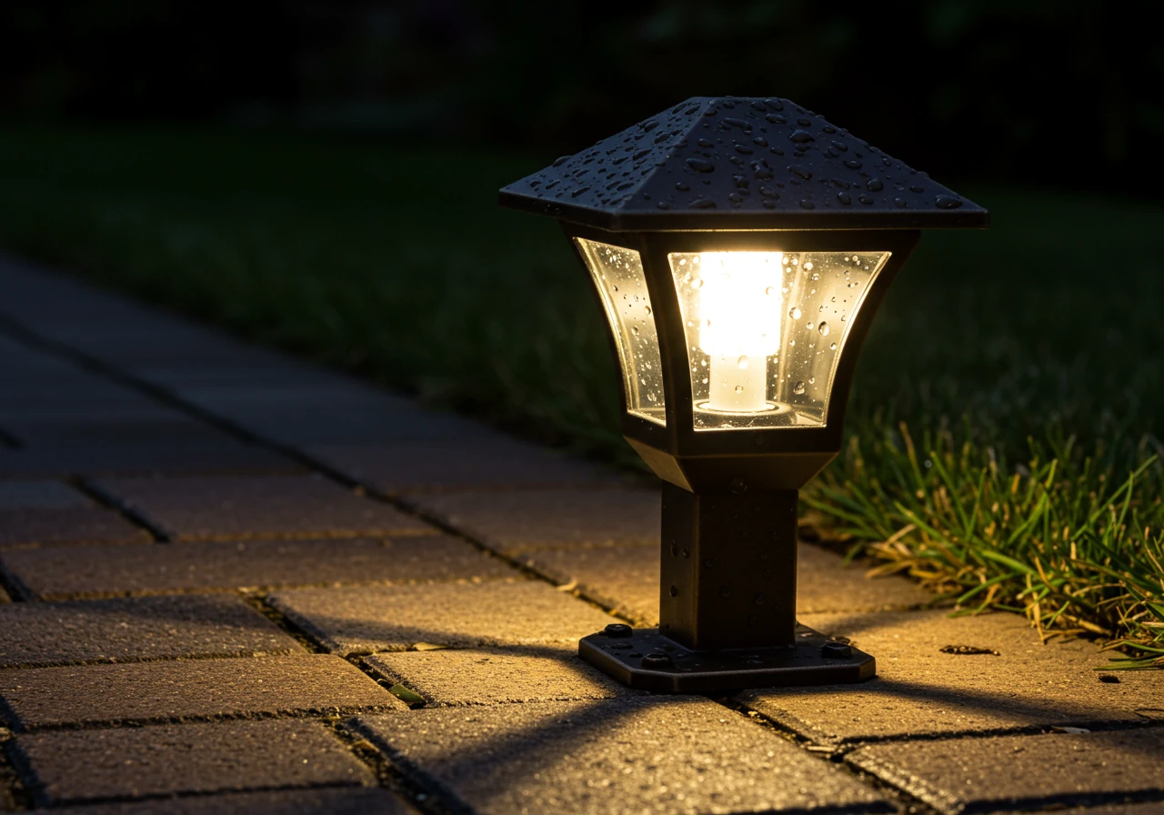 A close-up, ground-level photograph of a robust, high-quality outdoor lighting fixture made of dark metal (like bronze or powder-coated aluminum) installed beside a walkway. The fixture shows resilience against the elements, perhaps with a few drops of water or a touch of frost visible on its surface, demonstrating its weather-readiness. It should be casting a functional light beam onto the adjacent path.