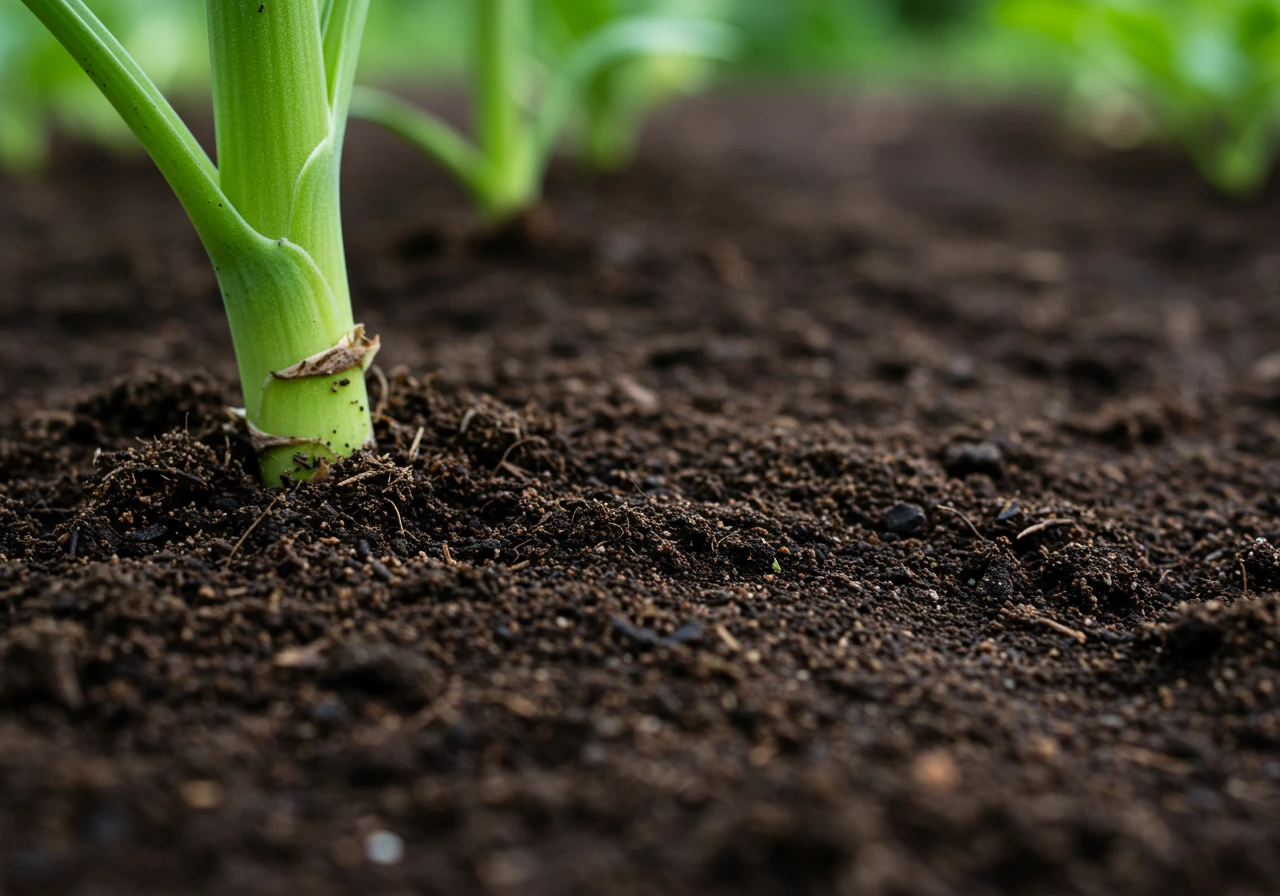 A ground-level close-up view focused on dark, rich garden soil next to the base of a healthy green plant stem. About two inches of soil are visible, demonstrating the depth for checking moisture. The soil texture should appear ideally moist - dark and slightly crumbly, like a well-wrung sponge, suggesting good hydration without being waterlogged.