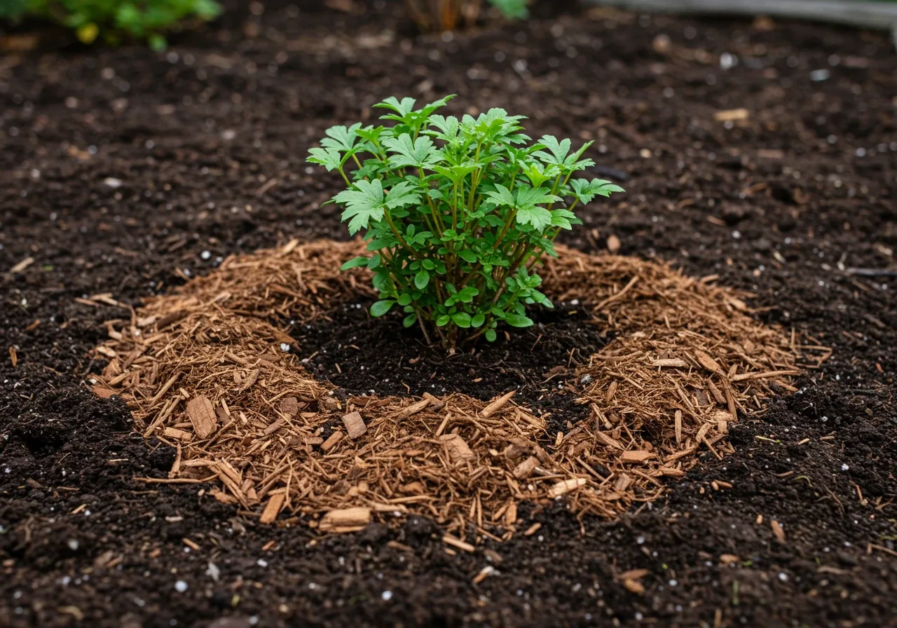Close-up view of a newly planted perennial division surrounded by a protective layer of mulch. This image illustrates the crucial step of mulching for winter protection discussed in this section.