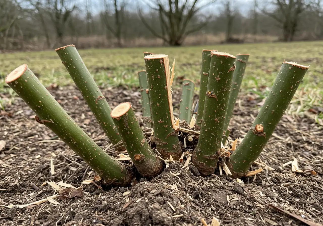 A close-up, ground-level view of a recently coppiced shrub 'stool'. Show several thick stems cut cleanly about 4-6 inches above the soil line. The surrounding soil could have a light dusting of wood shavings from the cutting, and perhaps some mulch visible around the base. The focus is on the clean cuts and the low profile left after coppicing.
