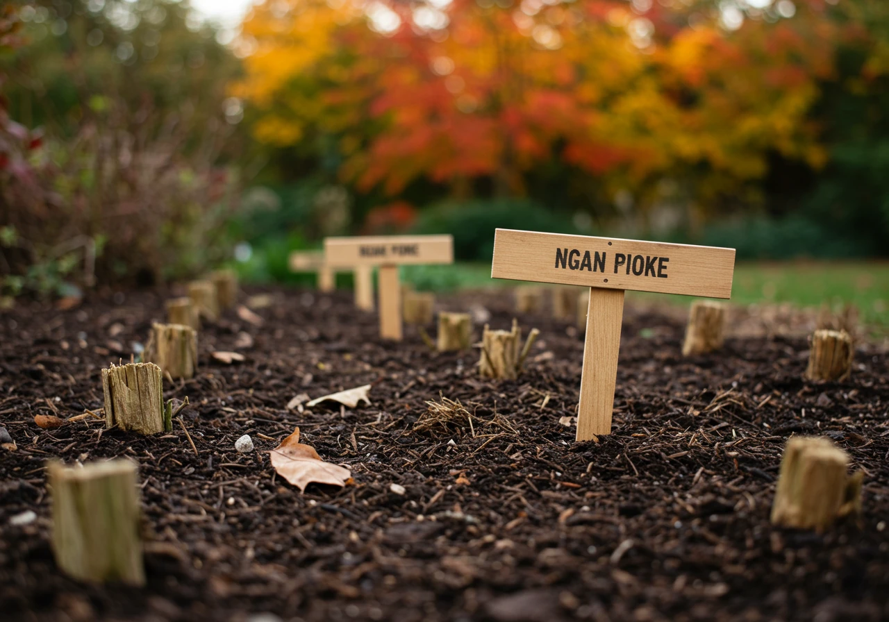 A close-up, ground-level view within a fall garden bed illustrating the concept of marking plant locations. Focus on distinct, clearly visible wooden or stone plant markers sticking out of the soil near the base of dormant perennial stems (like hostas or ornamental grasses cut back for fall). The soil might have a light layer of leaf mulch. The background shows blurred autumn foliage.