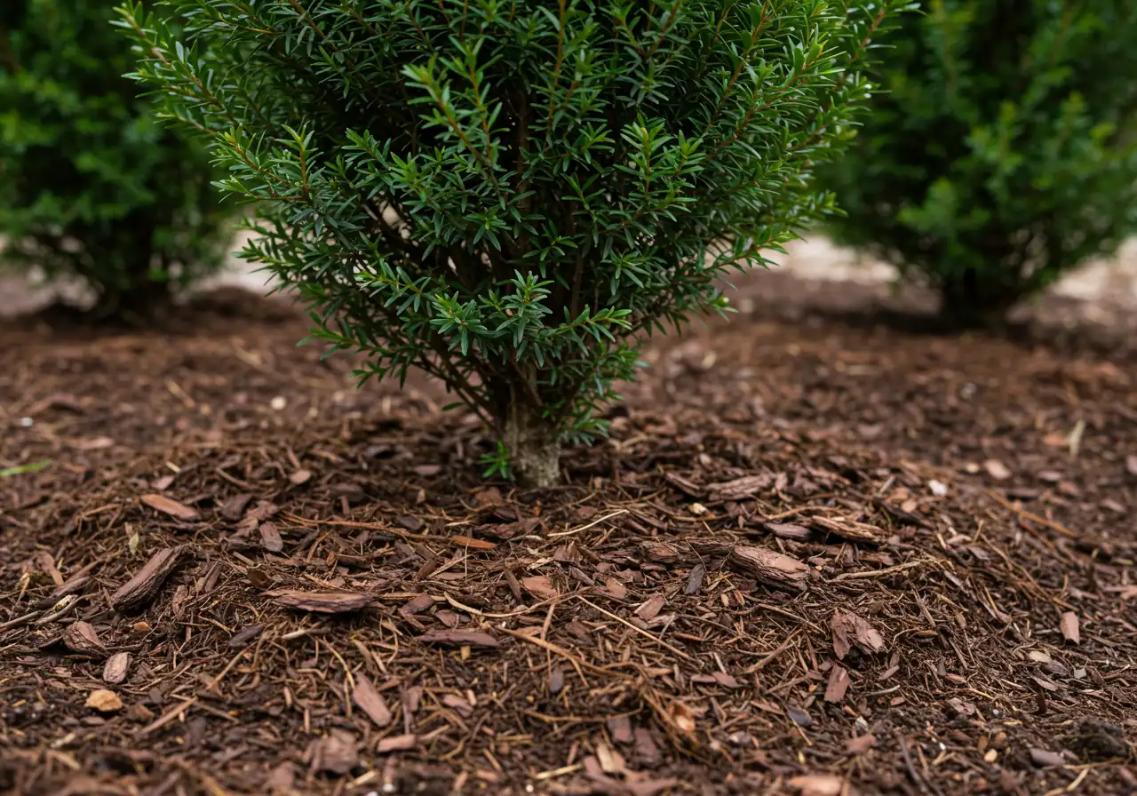 A close-up, ground-level photograph illustrating Step 5: Mulch is Your Friend. The image should show a freshly planted row of small evergreen shrubs (like young cedars or junipers) with a neat, 2-3 inch layer of dark brown shredded bark mulch applied evenly around their base. Ensure the mulch is kept slightly away from the stems. The soil should look moist, suggesting recent watering.