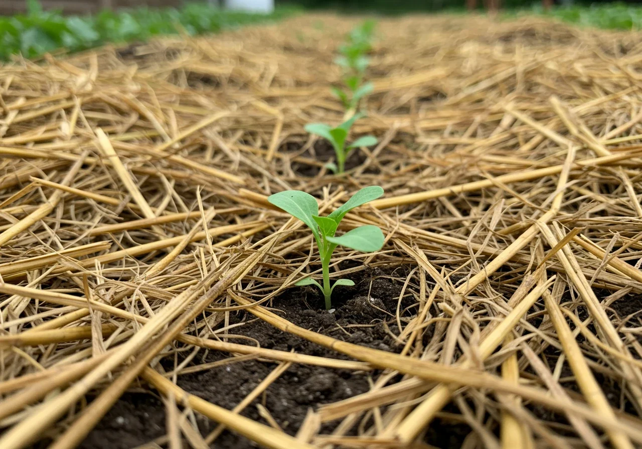 A close-up view of the base of several young vegetable plants (e.g., tomato or pepper starts) in a garden bed, surrounded by a thick, even layer of golden straw mulch. The dark, amended soil is barely visible beneath the mulch layer. Focus on the texture of the straw and its coverage around the plant stems.