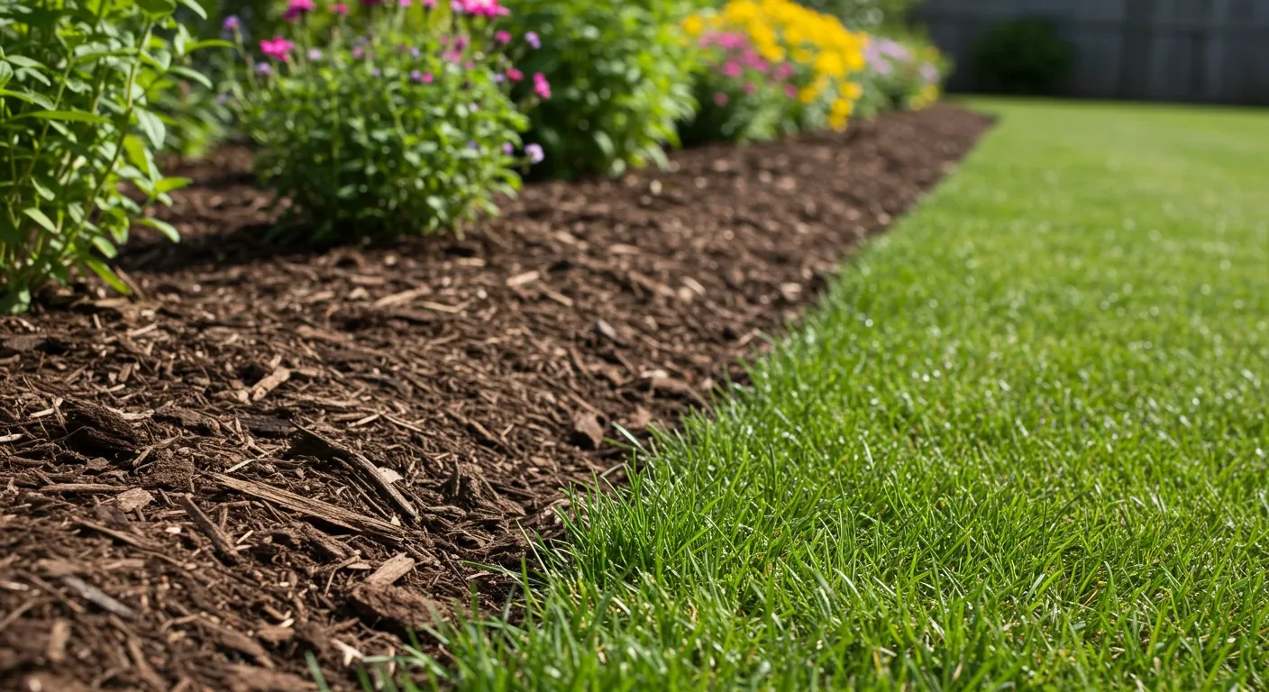 A visually striking image showcasing a well-defined garden bed edge. The focus should be on the contrast between the neat lawn and the mulched garden bed, clearly demonstrating the 'sharp edge' concept discussed. The planting within the bed should look healthy but secondary to the edge itself.