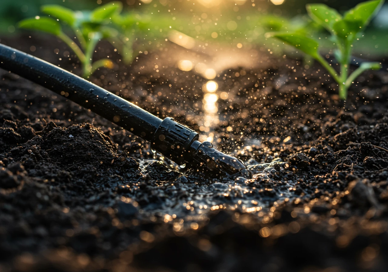 An image illustrating the concept of deep watering. Show a low-angle, close-up view of water droplets from a soaker hose or drip irrigation emitter soaking deeply into dark, rich garden soil around the base of healthy plant stems (like tomato or pepper plants). Capture the moment water penetrates the soil surface. Early morning light should illuminate the scene, creating a fresh, moist atmosphere.