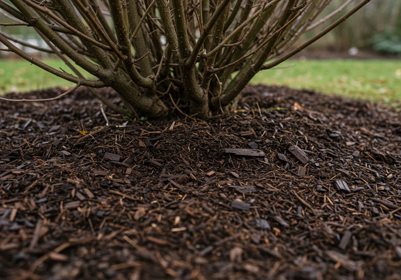 A low-angle, close-up shot showing the base of a pruned deciduous shrub with a fresh, thick layer of dark brown wood chip mulch applied correctly around it. The mulch should extend outwards from the base but not touch the cut stems. A few dormant stems are visible emerging from the mulch. The ground might show hints of frost or dampness typical of late fall.
